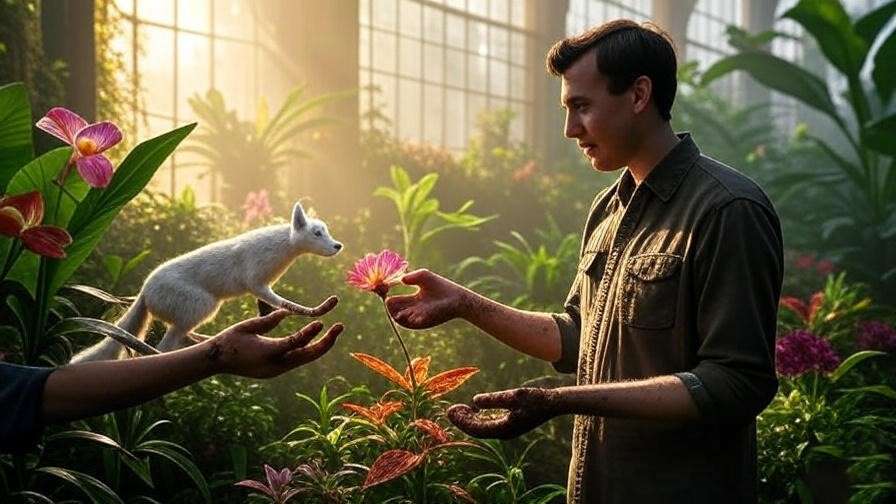 Neville Longbottom hands a magical flower to reader in Hogwarts greenhouse, surrounded by lush plants, evoking **Neville Longbottom x Reader** Herbology romance. 