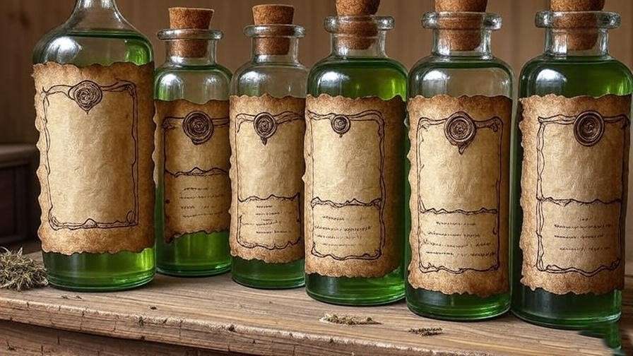Collection of fan-made Polyjuice Potion bottles with unique parchment labels on a rustic wooden shelf.