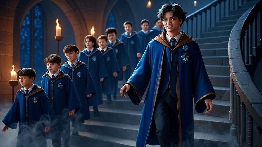 Robert Hilliard as Ravenclaw prefect welcoming first-year students to Hogwarts staircase.
