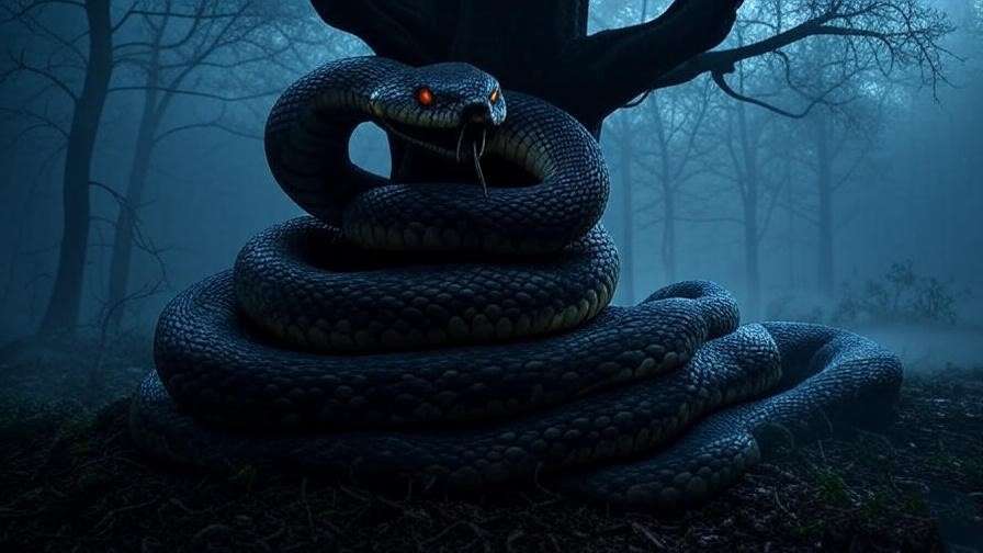 Menacing snake Nagini coiled around a tree in the Forbidden Forest.