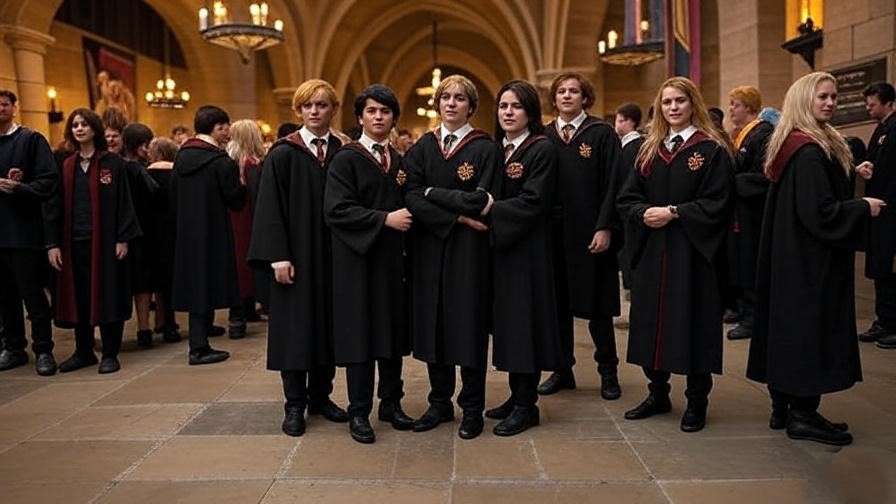 Hogwarts atrium with cosplayers and fan-made decorations.