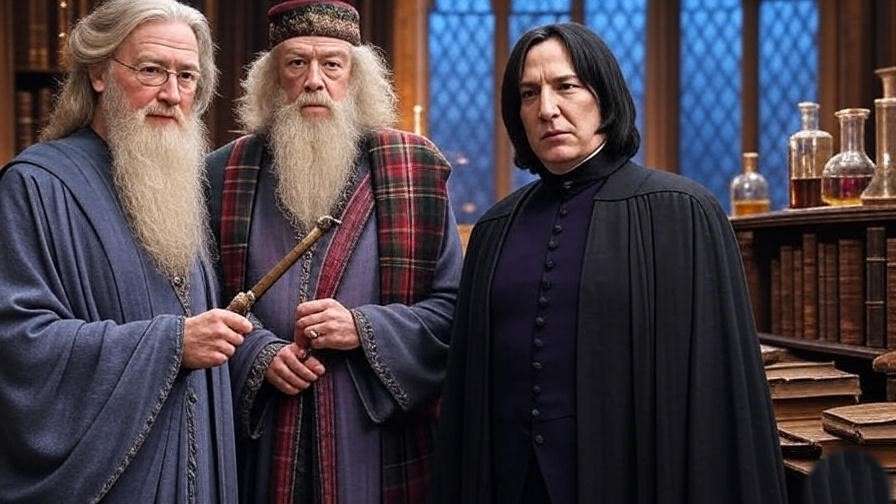 Hogwarts professors Dumbledore, McGonagall, and Snape in staff room for ultimate Harry Potter all characters list.