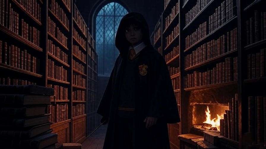 Shadowy Hogwarts library with fireplace and robed figure holding wand, symbolizing Order of the Phoenix.