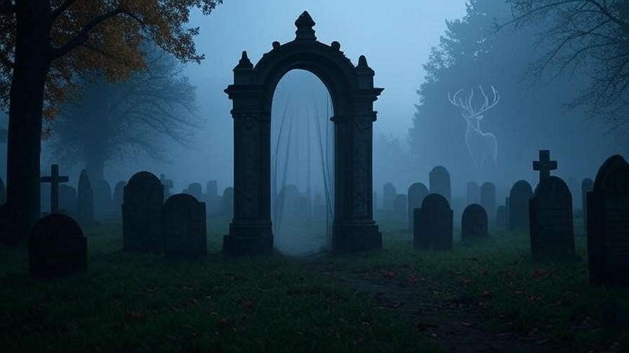 Graveyard with veiled archway and stag Patronus, symbolizing grief in Order of the Phoenix.