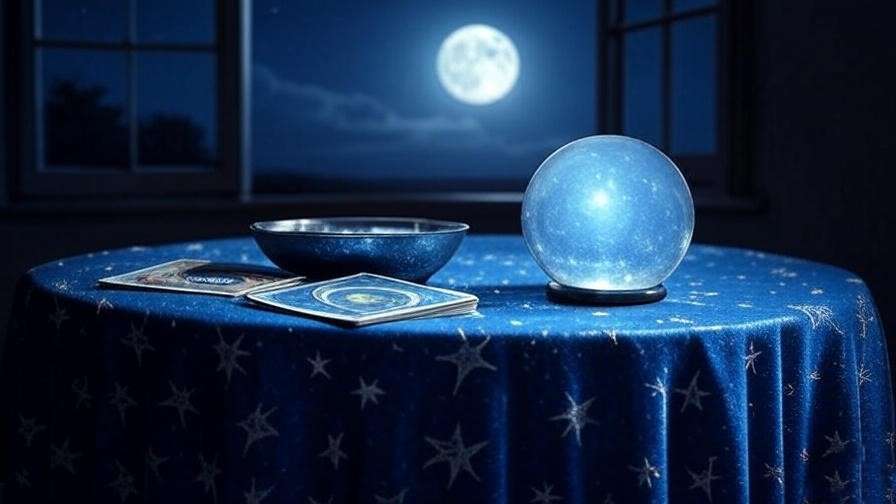 A moonlit divination setup with a crystal ball, tarot cards, and scrying bowl, inspired by Harry Potter’s magical practices.
