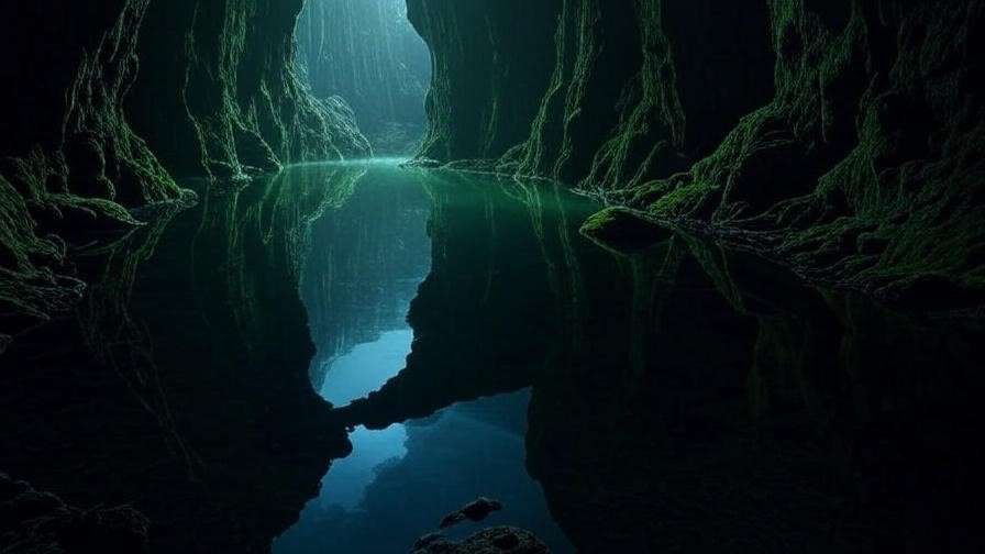 Eerie cave scene from Half-Blood Prince with reflective lake during Horcrux hunt
