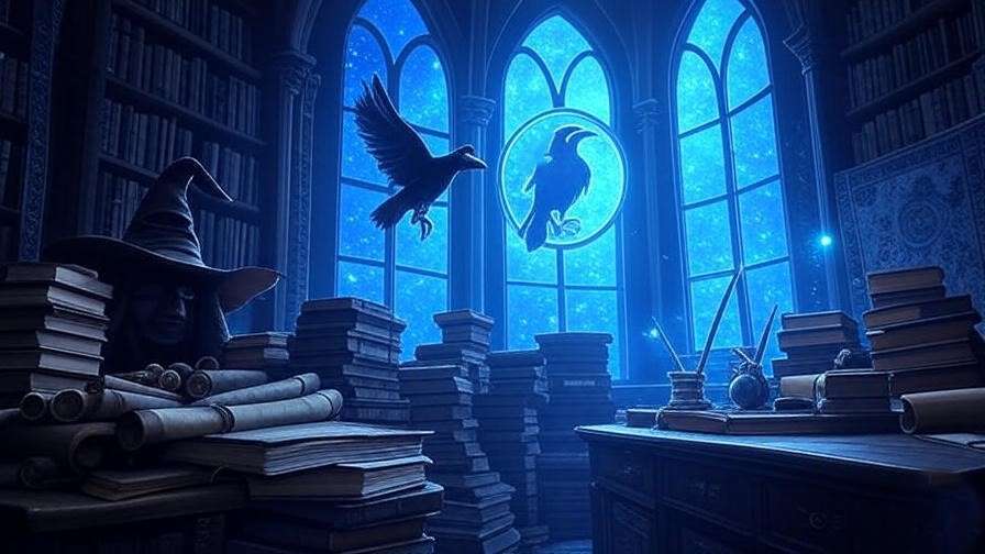 Ravenclaw library tower with a raven emblem, Sorting Hat, and magical orbs, capturing intellectual vibes for Harry Potter fans.

