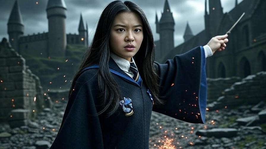 Cho Chang fighting in the Battle of Hogwarts with magical sparks