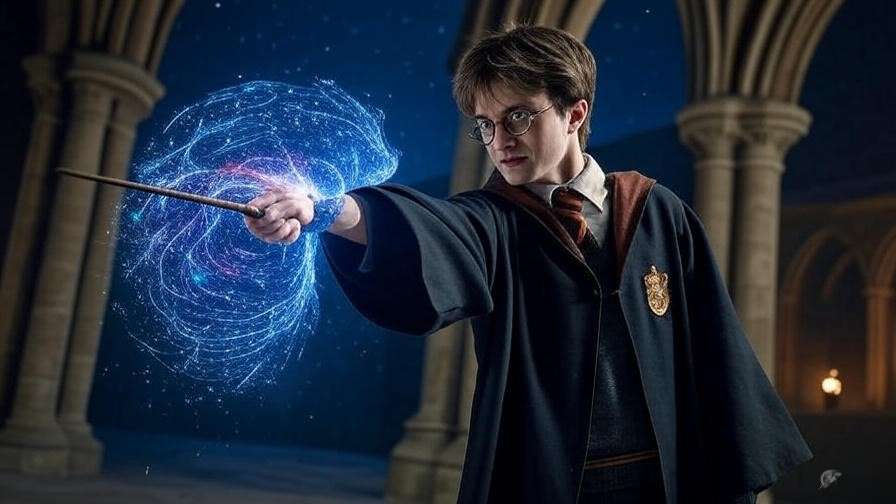 A shimmering Protego shield deflecting spells in a Hogwarts courtyard, cast by a wand with magical sparkles, representing charm casting in Harry Potter.
