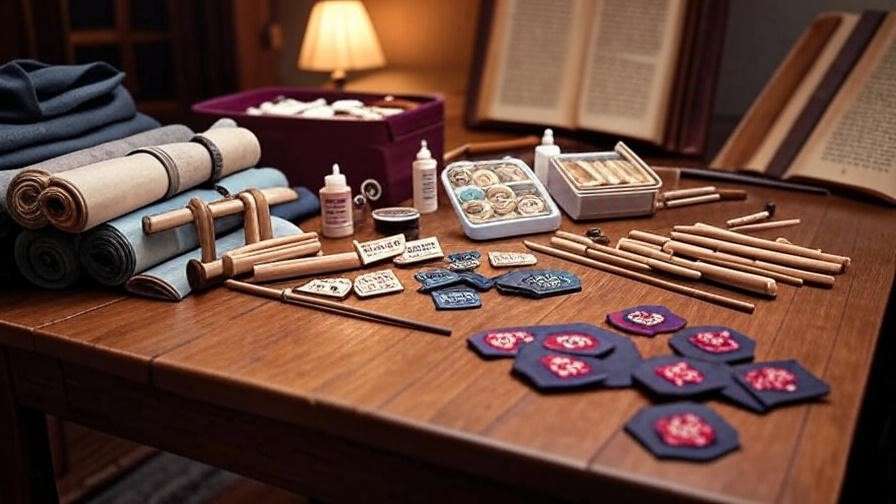 Crafting table with DIY Harry Potter costume materials and magical book."
