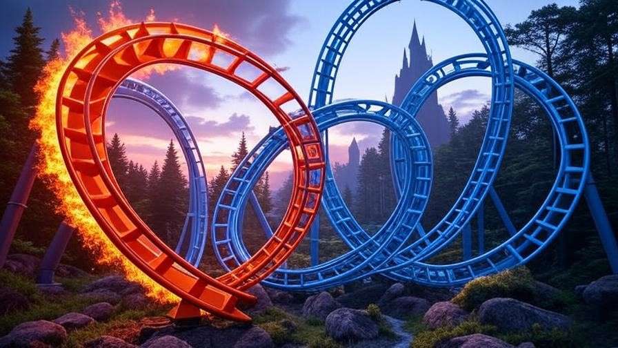 Intertwining roller coaster tracks of the **Harry Potter Dueling Dragons** ride, glowing in fiery orange and icy blue against a medieval fantasy backdrop.