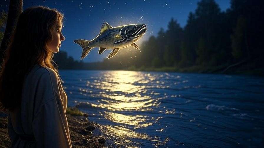 Person gazing at salmon Patronus by river, symbolizing emotional depth in Harry Potter.