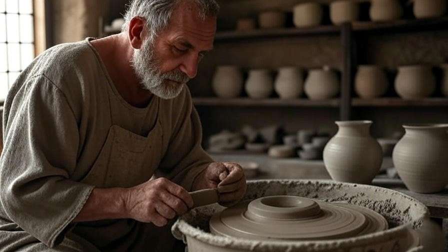 A whimsical display of pottery items with a subtle magical glow, surrounded by historical artifacts, blending craft history with fantasy, no text, 16:9 aspect ratio.