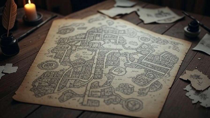 Handcrafted Marauder’s Map on a table with a quill, ink, and wand, lit by a warm candle glow, evoking Hogwarts creativity.