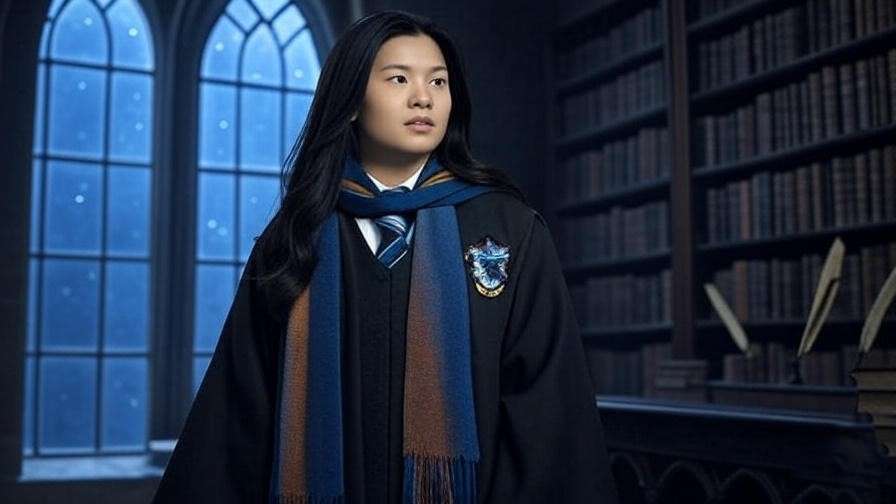 Cho Chang in Ravenclaw common room at Hogwarts with books and starry sky