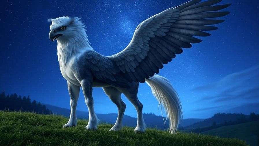 Noble Hippogriff Buckbeak on a hill under a starry wizarding sky.