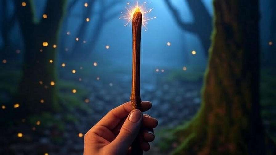 Cherry wood wand with dragon heartstring core glowing in a magical forest, Harry Potter wandlore.