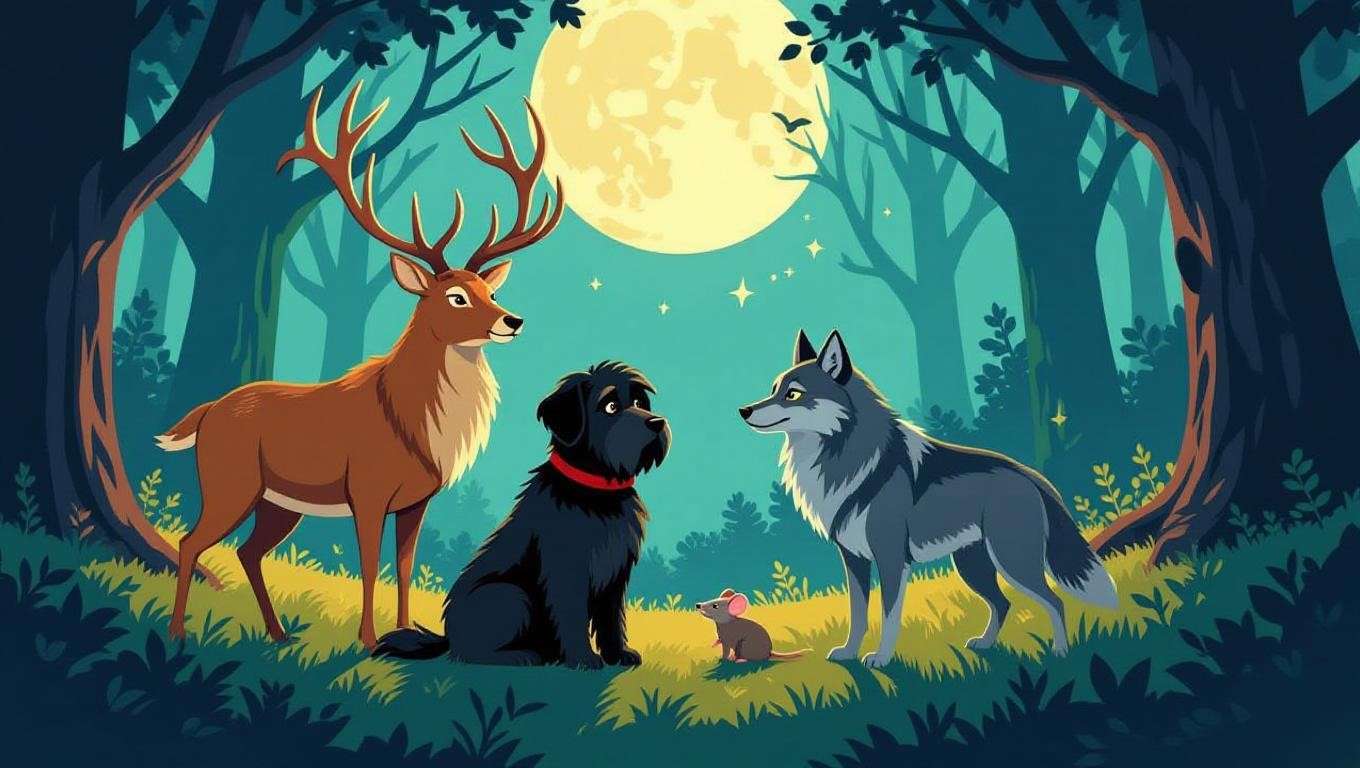Illustration of a stag, black dog, wolf, and rat in a moonlit Hogwarts forest, representing the Animagus forms of Prongs, Padfoot, Moony, and Wormtail from Harry Potter.