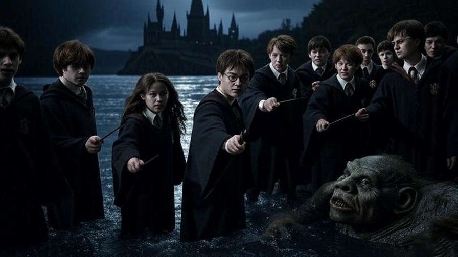 Hogwarts students encountering a river troll in a Harry Potter fan adventure scene.