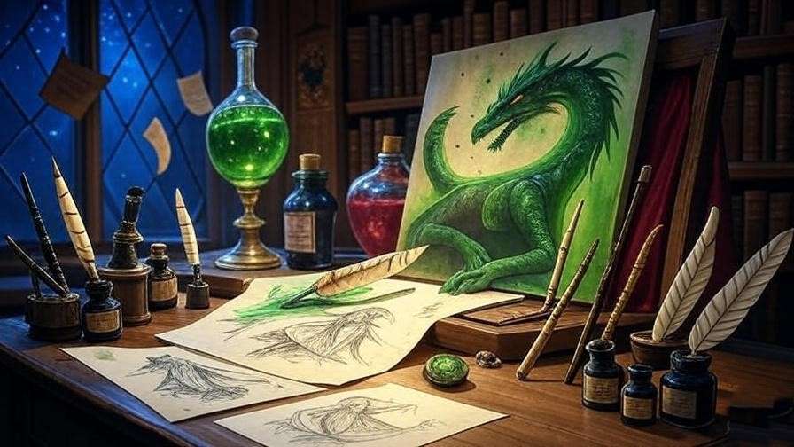Fan artist’s desk with sketches of dragon pox and a glowing potion, inspired by Harry Potter creativity. 