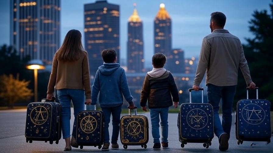 Family with Harry Potter luggage heading to a hotel in Atlanta against a scenic skyline.