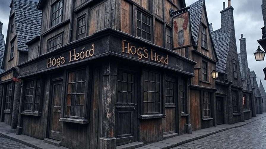 Exterior of the Hog's Head pub in Hogsmeade, a rustic Harry Potter tavern with grimy windows and a faded goat sign, set against a moody sky. 
