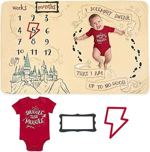 Harry Potter Baby Bodysuit and Monthly Milestone Blanket 4 Piece Newborn