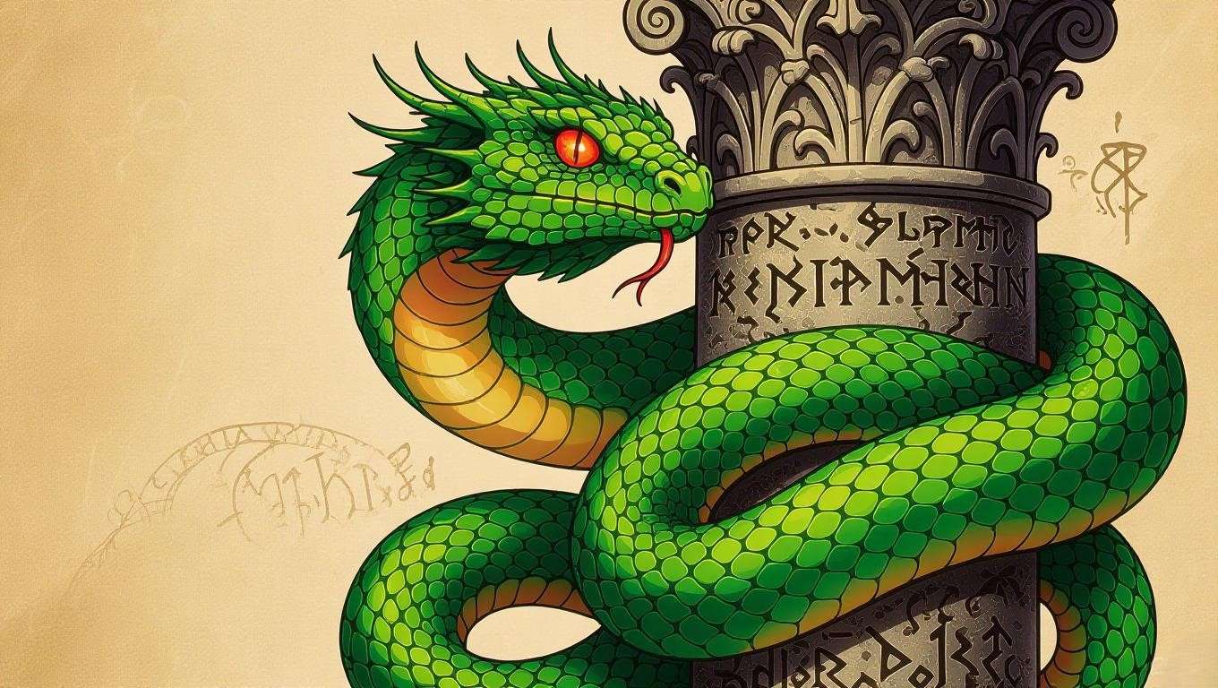 A medieval-style Basilisk with green scales and red eyes coiled around a rune-covered pillar, set against a parchment background, inspired by Harry Potter’s mythological influences.
