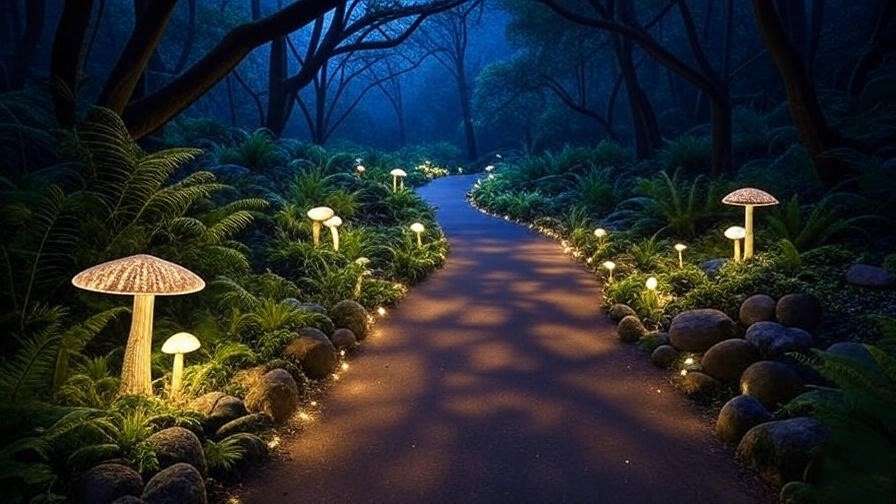 Winding Forbidden Forest pathway with ferns and glowing mushrooms in a Harry Potter garden.