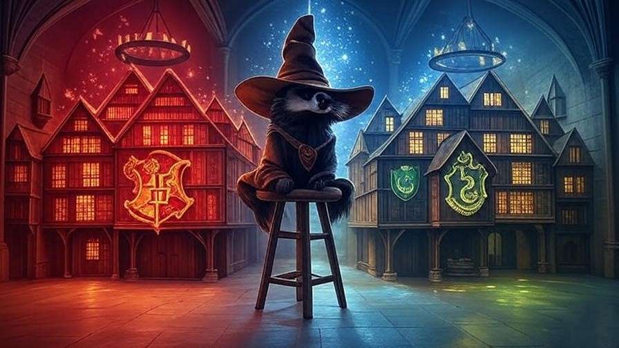 Vibrant Hogwarts house collage with Sorting Hat in the Great Hall, showcasing Gryffindor, Hufflepuff, Ravenclaw, and Slytherin emblems.
