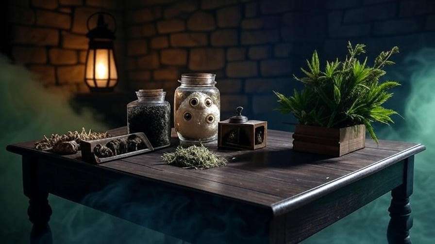 Magical ingredients for Swelling Solution including pufferfish eyes, dried nettles, and bat spleens on a wooden surface.