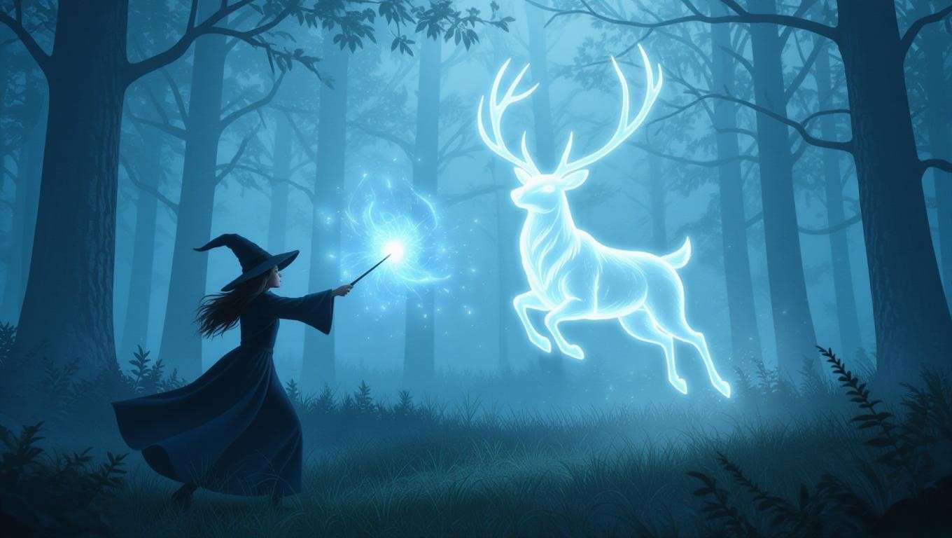 A witch casting Expecto Patronum, summoning a glowing stag Patronus in a misty forest, showcasing emotional intent in Harry Potter witchcraft. 