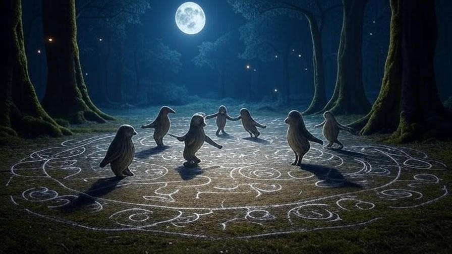 Mooncalves dancing in a Forbidden Forest clearing under full moon, Harry Potter magic