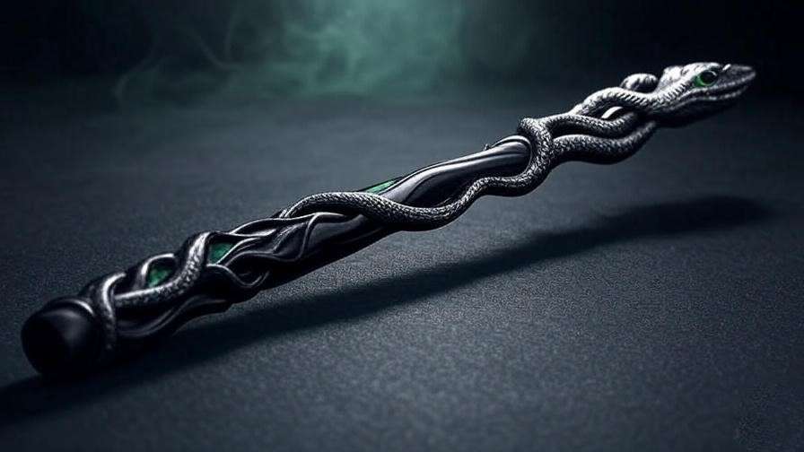 Detailed ebony wand with basilisk venom core, featuring serpent carvings and green resin inlay, set against a mystical green mist background.

