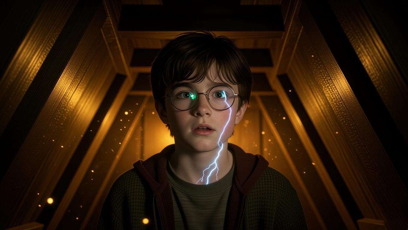 Young Harry Potter in cupboard under stairs discovering magic, nostalgic childhood escape scene.