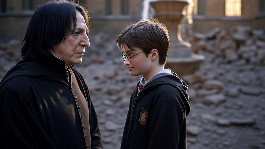 Harry watching Snape’s memory of Lily in the Pensieve at Hogwarts.