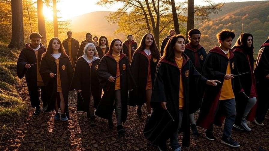 Hikers in Harry Potter robes on a misty Shenandoah trail at sunset in Virginia.