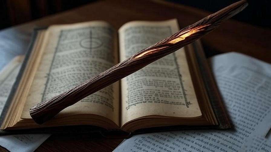 Close-up of a hand-crafted wand with phoenix feather core on an ancient book with magical symbols