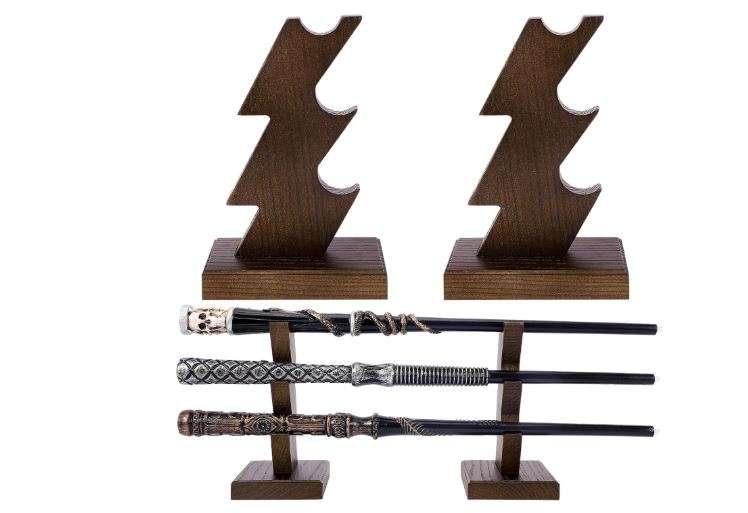 CaptainWiz Wooden Magic Wizard Wand Stand Display 3 Tiered Handcrafted Wood Holders for Witch Wands & Pens, Brown