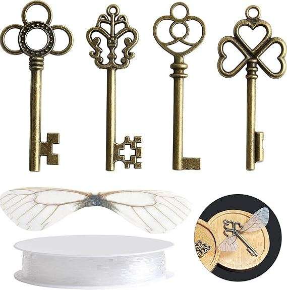 SANNIX 30 PCS Vintage Skeleton Keys Flying Keys with 30 Pairs Dragonfly Wings and 30 Yards Elastic String for Party Decorations