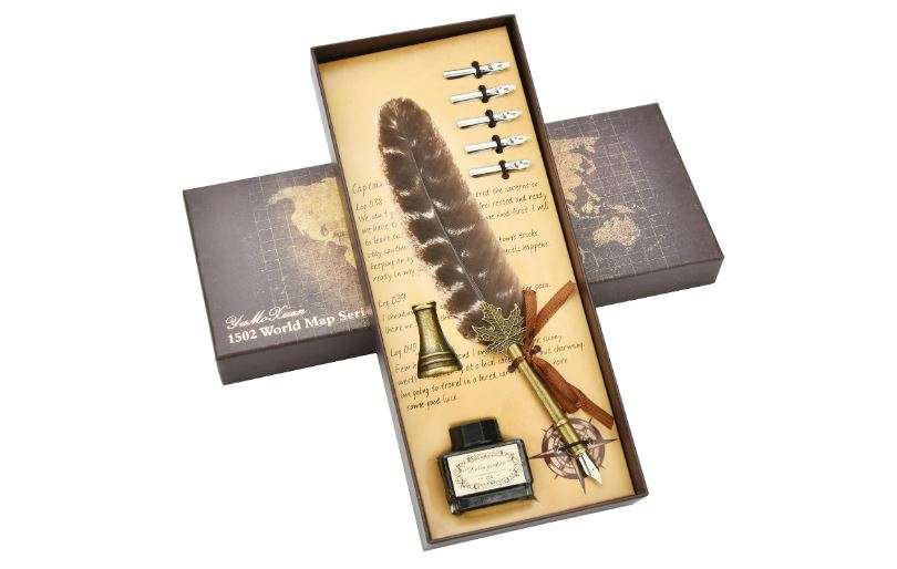 Hethrone Feather Pen and Ink Set - Calligraphy Quill Pen Set Includes Dip Pen, 5 Replacement Nibs and Pen Holder for Writing Lovers (Brown)