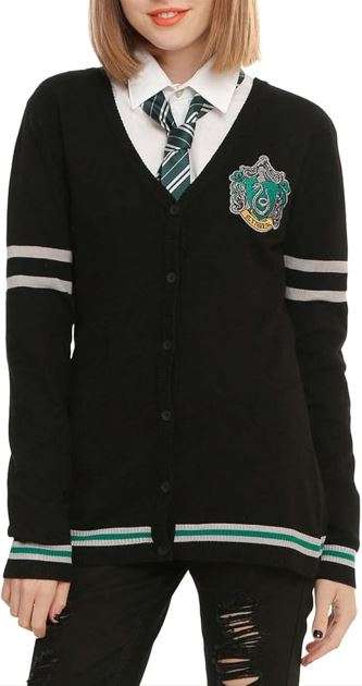 Harry Potter Womens' Slytherin House Crest Open Front Cardigan Juniors Knit Sweater
