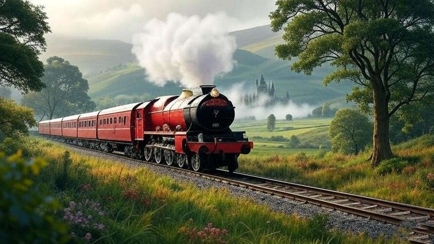 MinaLima-style **Hogwarts artwork** of the Hogwarts Express in a vibrant Scottish landscape, highlighting official Wizarding World collectibles.