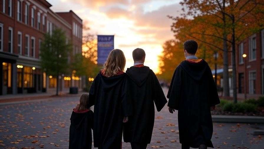 Historic downtown Jefferson with family in robes at Harry Potter Festival.