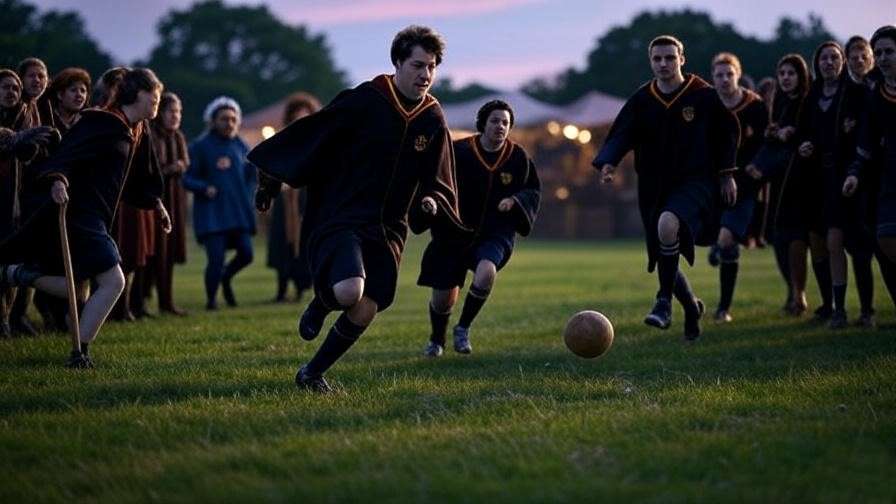 Quidditch match at Harry Potter Festival Jefferson with fans and Diagon Alley stalls in the background.