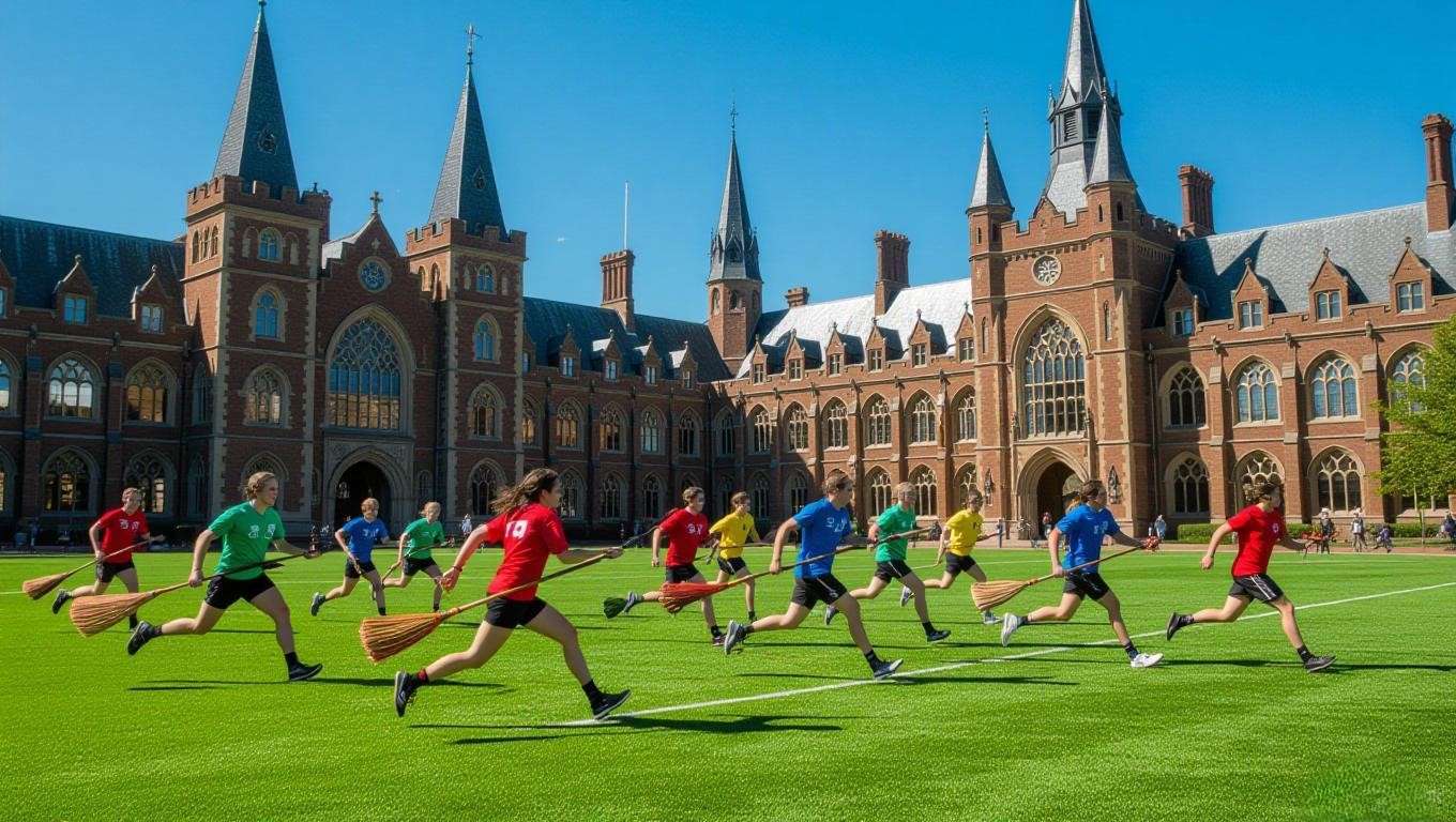 College Quidditch match on a grassy field with gothic campus buildings in the background, evoking Hogwarts’ magical atmosphere.