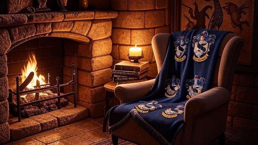 Cozy Hogwarts-inspired reading nook with a fireplace, Ravenclaw blanket, Harry Potter books, and a floating candle glowing softly.