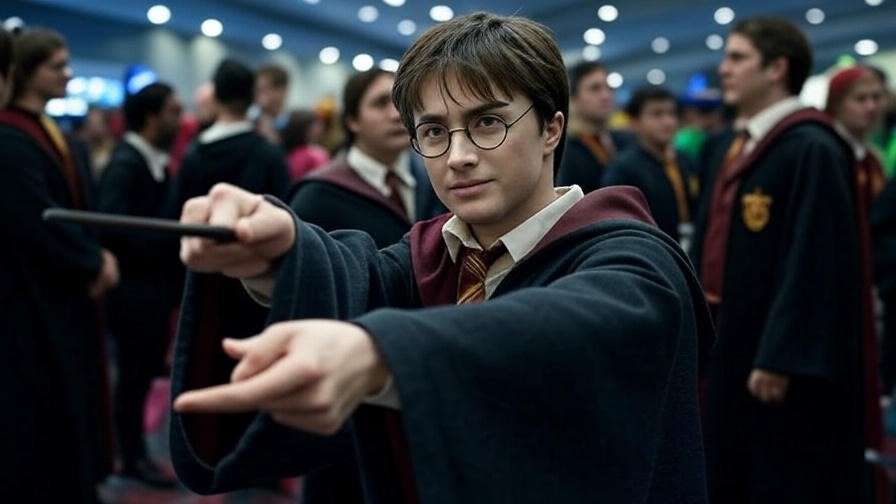 Cosplayer as Albus Potter casting a spell at a Harry Potter convention.