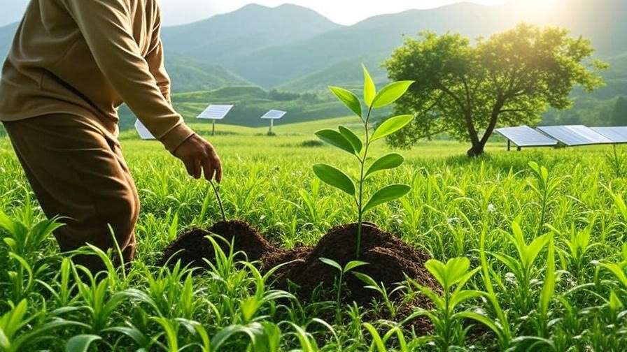 Lush green landscape with solar panels and person planting sapling