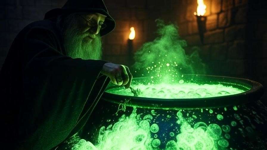 Wizard brewing Shrinking Solution with acid-green potion in a Hogwarts dungeon cauldron from Harry Potter.

